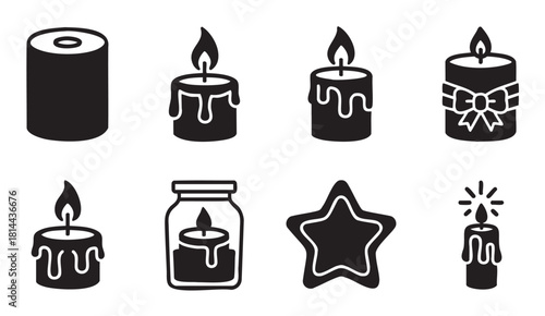 Set of black and white candle icons in various shapes and styles, including lit flames, dripping wax, a jar, a star, and a festive bow