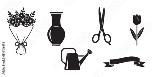 Set of black silhouette icons for a florist or gardener, including a bouquet, vase, scissors, tulip, watering can, and ribb