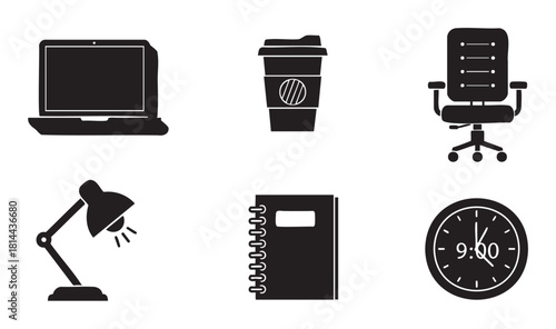 Collection of black silhouette icons representing office work and business essentials, including a laptop, coffee, chair, lamp, notebook, and clock