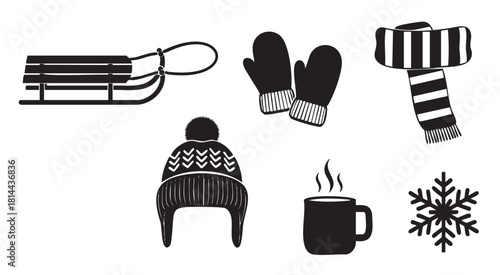 Graphic collection of black winter-themed silhouettes, including a sled, warm mittens, a striped scarf, a pompom hat, a hot beverage, and a snowflake icon