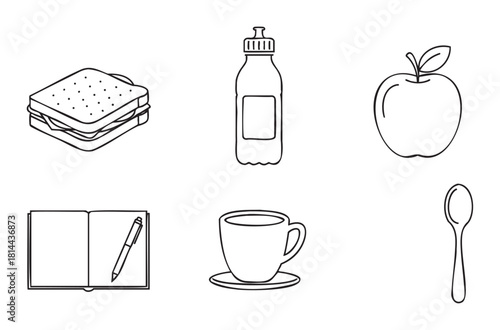 Set of black and white line art icons representing a lunch break with a sandwich, apple, water bottle, coffee, notebook, and spoon