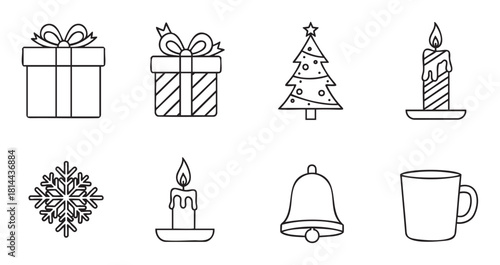 Collection of minimalist black line art icons for winter holidays, featuring a gift box, decorated tree, snowflake, candle, bell, and mug