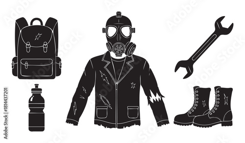 Post-apocalyptic survivor kit illustrated in a stark black and white graphic style, featuring a gas mask, torn clothing, a backpack, boots, a wrench, and a water bottle