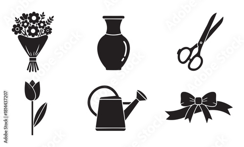Set of black vector icons related to floristry and gardening, including a flower bouquet, vase, scissors, tulip, watering can, and a ribbon bow