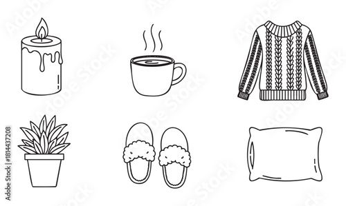 Set of black and white line art icons representing cozy home elements like a candle, hot drink, knitted sweater, plant, slippers, and pillow, illustrating comfort and relaxation