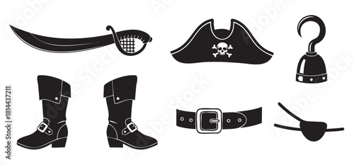 Set of black pirate accessory icons in a simple silhouette style, featuring a sword, hat with skull, hook, boots, belt, and eyepatch
