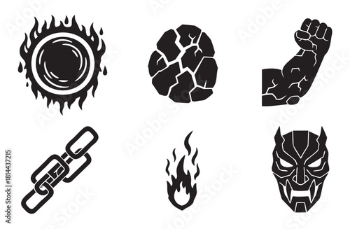 Monochrome vector illustration set of six powerful symbols including a flaming sun, cracked earth, muscular fist, chain links, a single flame, and an aggressive demonic mask