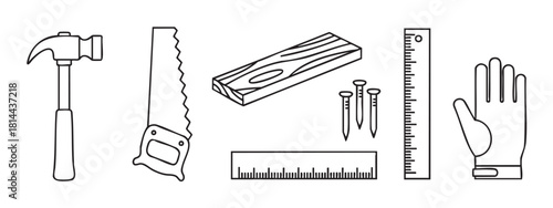 Set of black and white line art icons for carpentry and construction, including a hammer, saw, wood, nails, ruler, and glove