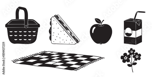 Set of black and white vector icons for a summer picnic, including a basket, sandwich, apple, juice, blanket, and flowers