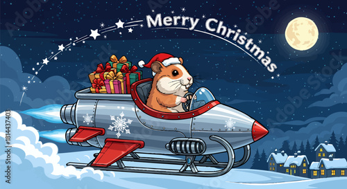Whimsical Christmas Adventure Hamster in Rocket Delivering Holiday Gifts Across a Snowy Night Sky