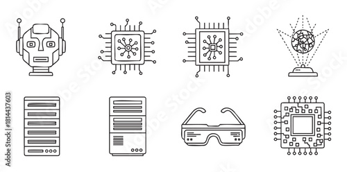 Collection of technology and artificial intelligence icons in a minimalist line art style, featuring a robot, microchips, servers, hologram, and virtual reality glasses