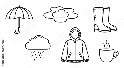 Minimalist black line art icon set for a rainy day featuring an umbrella, puddle, rubber boots, raincoat, and a warm beverage
