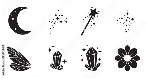 Whimsical collection of black and white graphic icons for magical themes, including a crescent moon, star wand, fairy wing, flower, and sparkling crystal gems