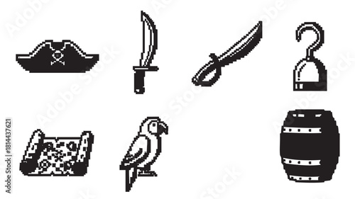Set of monochrome 8-bit pirate adventure game assets including a cutlass, treasure map, parrot, and hook, presented in a retro pixelated style on a clean white backdrop