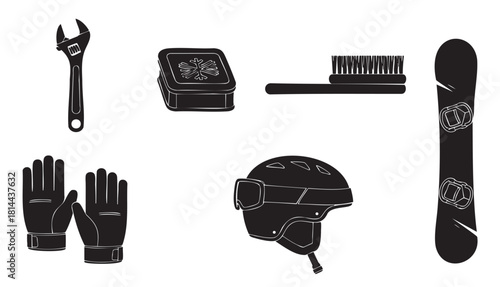 Black and white silhouette illustration set of snowboarding equipment and maintenance tools, including a board, helmet, gloves, wrench, wax, and brush