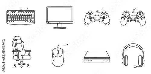 Collection of minimalist outline icons for video games and esports, including a gamepad, keyboard, mouse, monitor, gaming chair, and headset