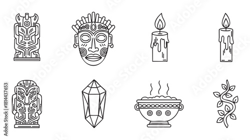 Collection of esoteric line art icons with symbols of magic and spirituality, including tribal totems, a ritual mask, a crystal, burning candles, and a cauldr