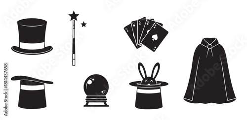Minimalist black silhouette icon set of classic magic show props and illusionist equipment, including a top hat, wand, cards, and rabbit