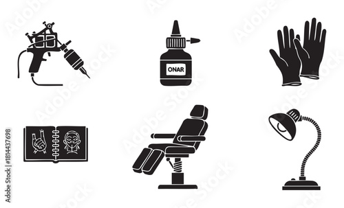 Set of black silhouette icons representing tattoo parlor equipment, including a machine, ink, gloves, sketchbook, chair, and lamp