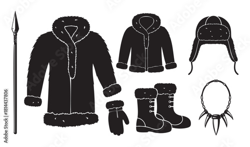 Collection of traditional northern hunter clothing and tools, including a fur parka, boots, hat, spear, and claw necklace, presented as black silhouettes