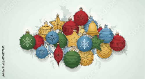 Assorted christmas ornaments including balls and stars in a festive holiday arrangement view from above