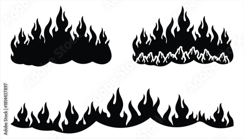 Big Collection of Fire Flame Vector Icons – Minimalist Outline & Silhouette Bonfire Symbols, Tribal Tattoo Style Flames Set