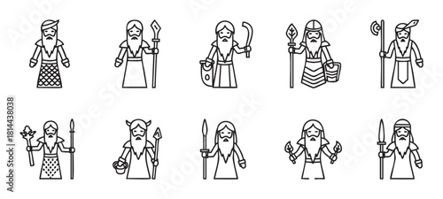 Collection of black and white line art icons depicting various mythological gods, ancient warriors, and fantasy characters with beards, holding weapons and magical items