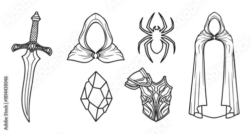 Black and white line art illustration set of fantasy adventure equipment, including an ornate sword, hooded cloak, spider symbol, magic crystal, and decorative armor