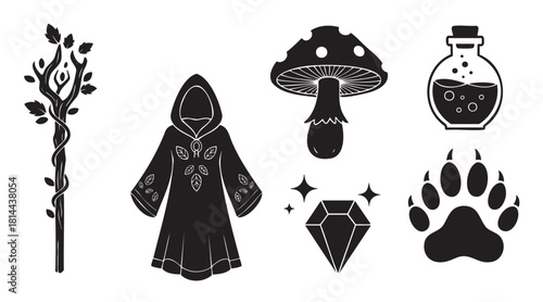 Collection of black and white fantasy icons for a role-playing game, featuring a druid staff, a hooded robe, a magic potion, a toadstool, a sparkling gem, and an animal paw print