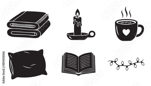 Collection of hand-drawn silhouette icons for a cozy and relaxing lifestyle, featuring a warm blanket, lit candle, steaming mug, soft pillow, open book, and festive string lights