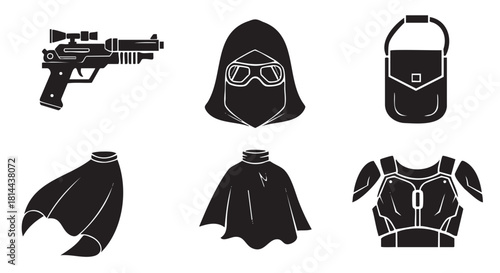 Set of science fiction adventurer or soldier gear icons featuring a weapon, hooded mask, body armor, and cloak, presented in a minimalist black and white vector style