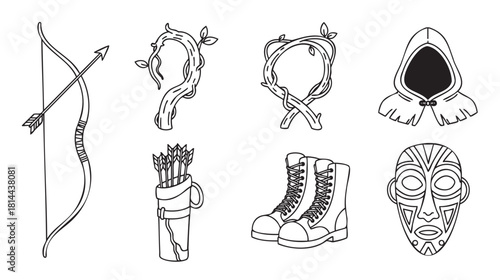 Set of hand-drawn fantasy adventure icons in a black and white line art style, featuring a bow, arrow, quiver, boots, mysterious hood, tribal mask, and vine elements