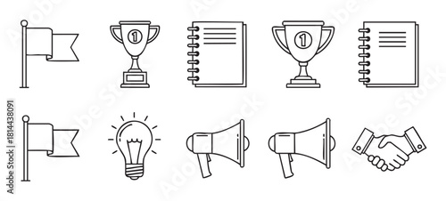 Vector illustration of various business and achievement symbols drawn in a clean outline style, including a flag, trophy, lightbulb, and handshake