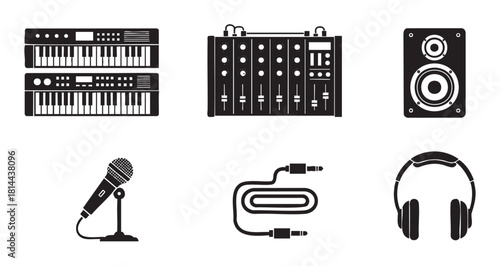 Set of minimalist black silhouette icons for a recording studio, featuring a keyboard, audio mixer, monitor speaker, microphone, jack cable, and headphones