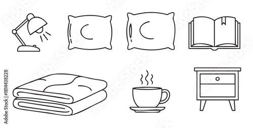Set of black and white line art icons representing bedtime essentials like a lamp, pillows, a book, a blanket, a hot drink, and a nightstand