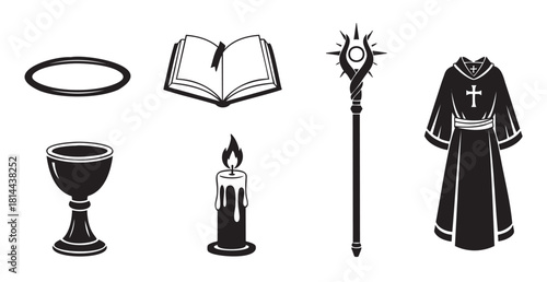 Set of black and white vector icons depicting religious and fantasy clerical objects like a halo, book, chalice, candle, magical staff, and robe