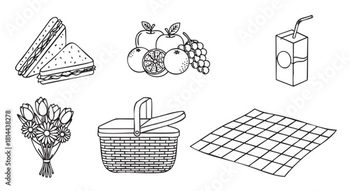 Set of black and white line art illustrations featuring various picnic items like a basket, sandwich, fruit, juice, blanket, and flowers