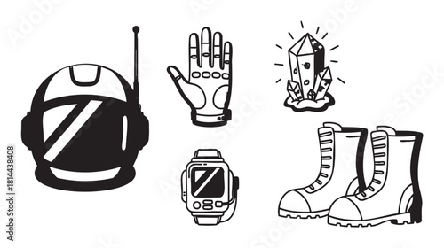 Set of hand-drawn astronaut equipment icons including a helmet, glove, boots, wrist gadget, and crystals, illustrated in a black and white doodle style