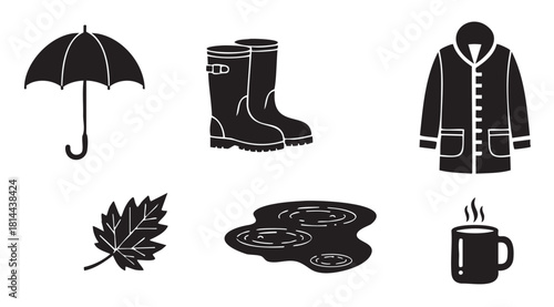 Set of minimalist black vector icons for the autumn season, featuring a raincoat, rubber boots, umbrella, puddle, maple leaf, and a steaming mug, all