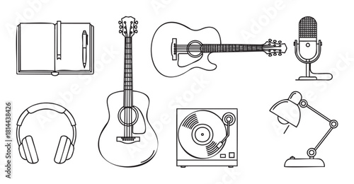 Collection of minimalist black outline icons for music, songwriting, and podcasting, featuring an acoustic guitar, microphone, headphones, turntable, notebook, and lamp