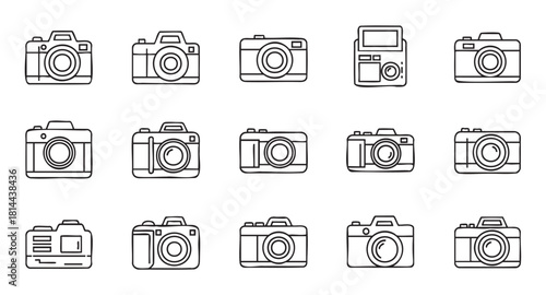Diverse set of camera icons in a clean, minimalist line art style, featuring various models of photographic equipment