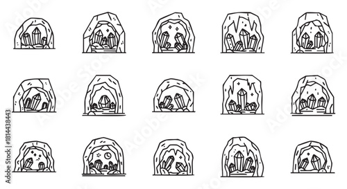 Set of minimalist black line art icons showing various crystal caves and gem grottos