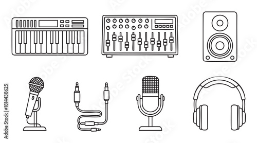 Minimalist black and white line art icon set of music production gear, including a synthesizer, audio mixer, studio monitor, microphones, headphones, and cable
