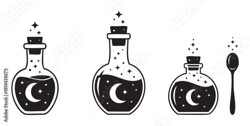 Set of magical potion bottles with a celestial night sky, crescent moon, and stars inside, presented as a black and white minimalist vector illustration icon collection