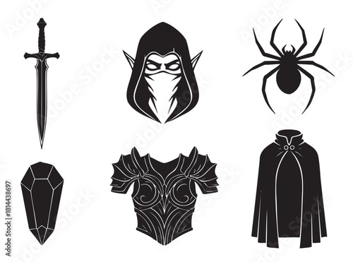Collection of black silhouette fantasy icons for a role-playing game, including a sword, elf assassin, spider, crystal, ornate armor, and a cloak