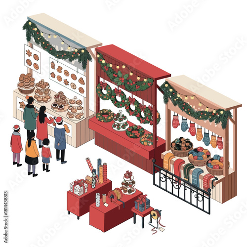 An isometric illustration of a festive Christmas market with people browsing stalls selling baked goods, wreaths, and knitted winter clothing.