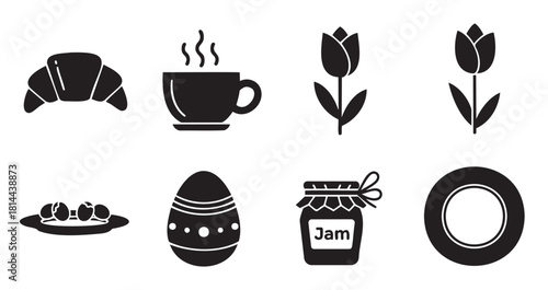 Collection of black silhouette icons for breakfast and spring themes, featuring a croissant, hot coffee, tulips, a decorated egg, jam jar, and plates
