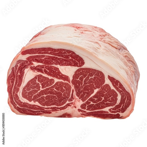 A marbled prime rib roast with rich red meat and white fat ready for cooking