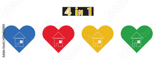 Home Insurance and Real Estate Love Icons, House Outline inside Heart Symbol, Colorful Flat Design for Family Property Safety