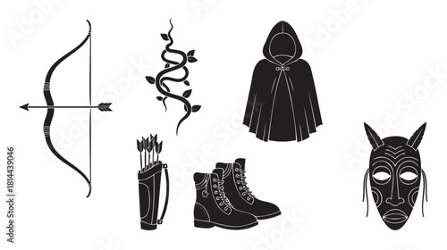 Collection of fantasy adventure equipment icons, including a bow, quiver, hooded cloak, boots, tribal mask, and a climbing vine, presented as black silhouettes